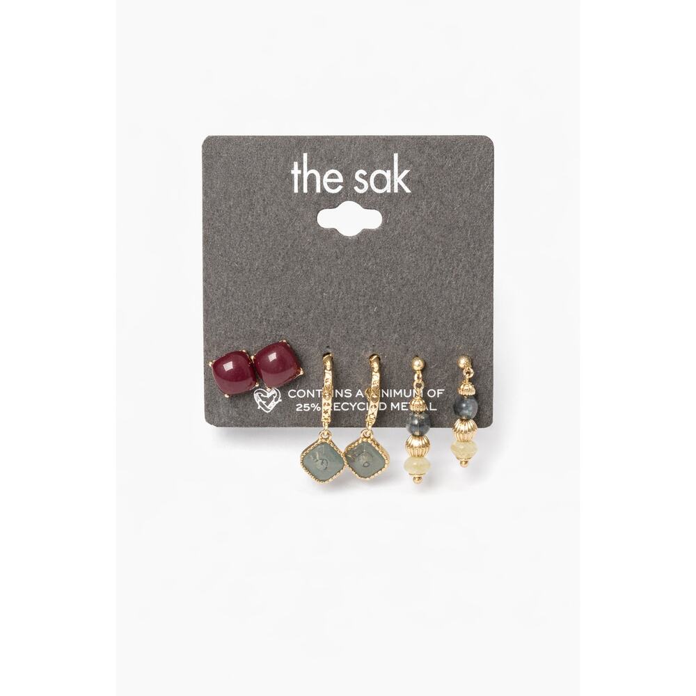 The Sak Mixed Earrings Set Maroon Stud & Gold Dangle Boho Chic